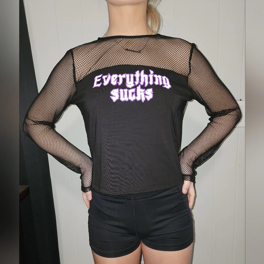NWT Dolls Kill Black , Sheer Everything Sucks Long Sleeve Tee - Picture 3 of 10